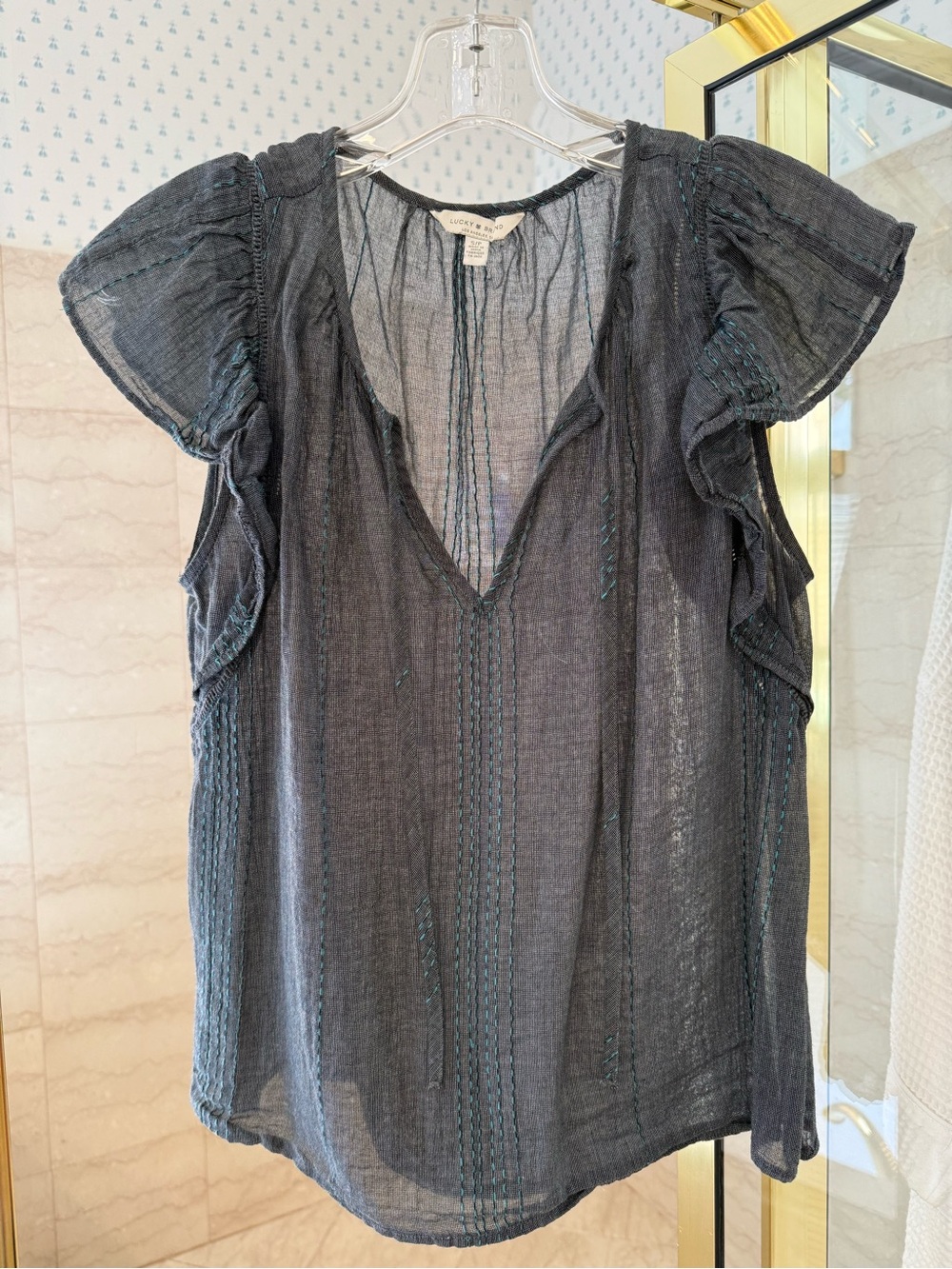 Lucky Brand Navy Gauze Ruffle Sleeve Peasant Top